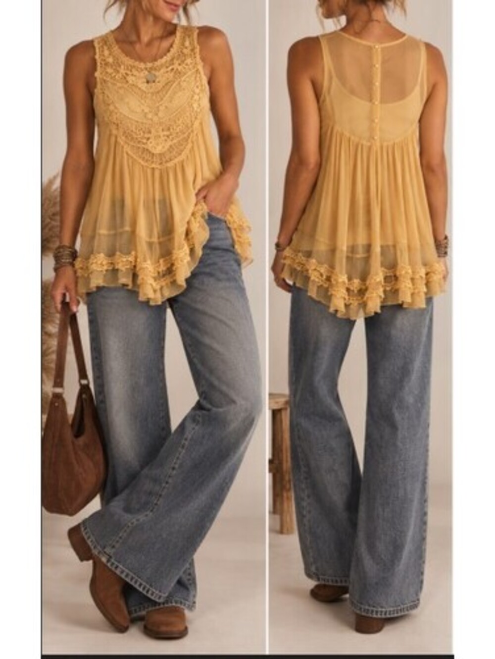 Crochet Lace Tunic Top Golden Yellow Fairycore Boho Sheer Romantic Womens 1x